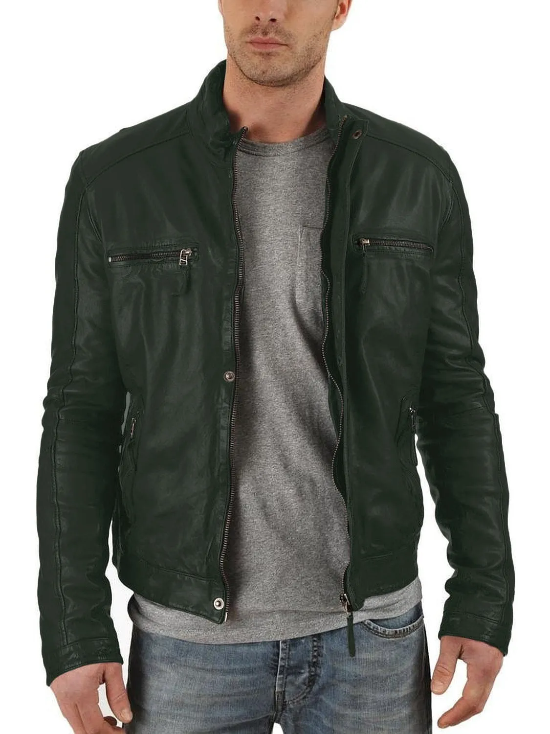 Leather Jackets Hub Mens Genuine Lambskin Leather Jacket (Black, Racer Jacket) - 1501179