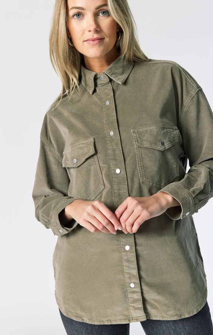 LIVIA OVERSIZED DENIM SHIRT IN ALOE CORD