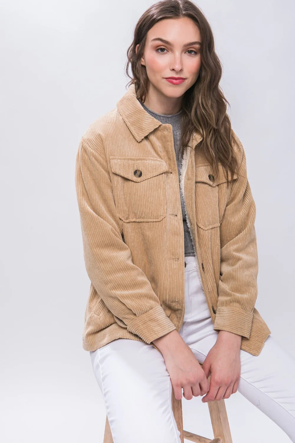 Love Tree Beige Corduroy Button Up Jacket with Sherpa Inside