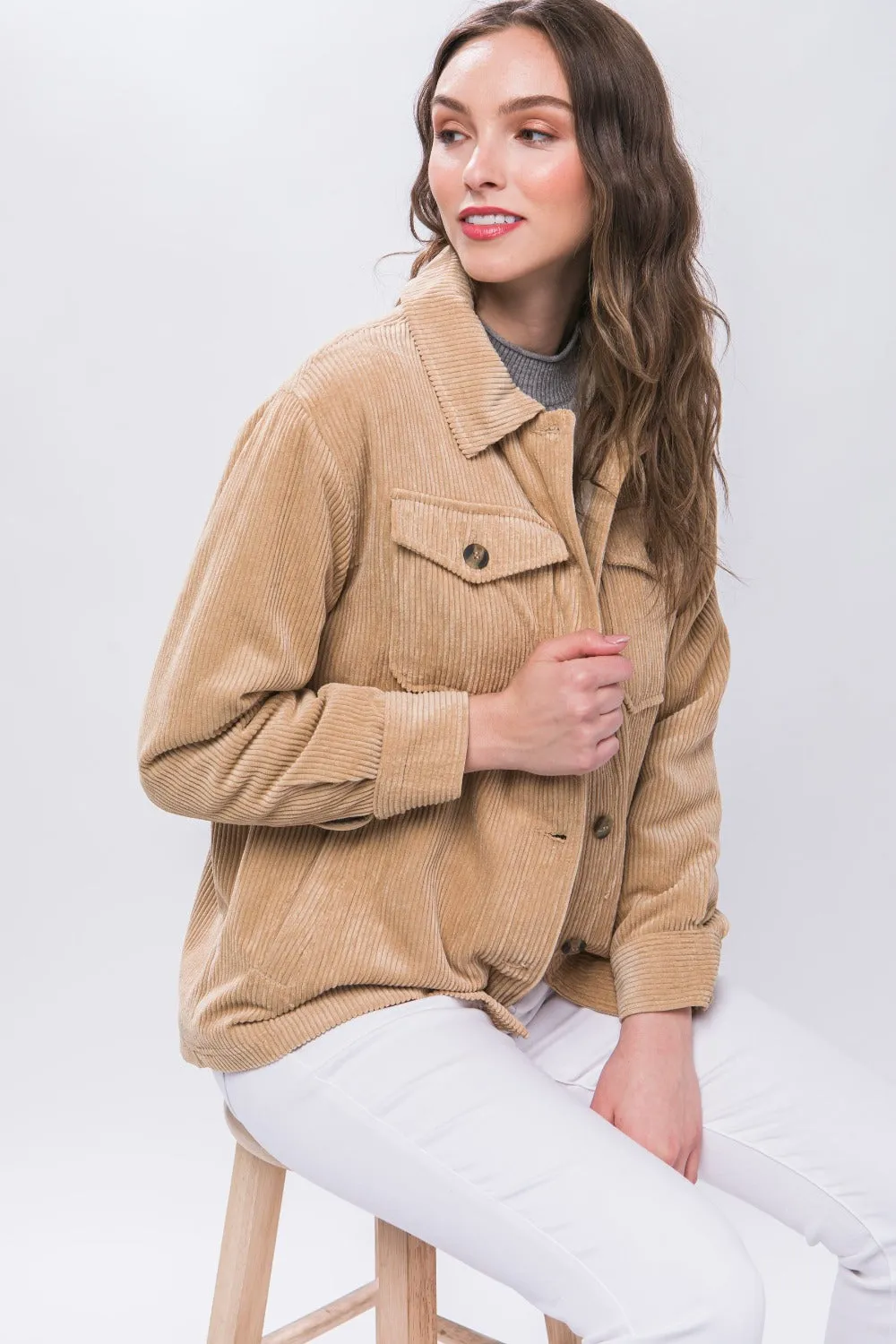 Love Tree Beige Corduroy Button Up Jacket with Sherpa Inside