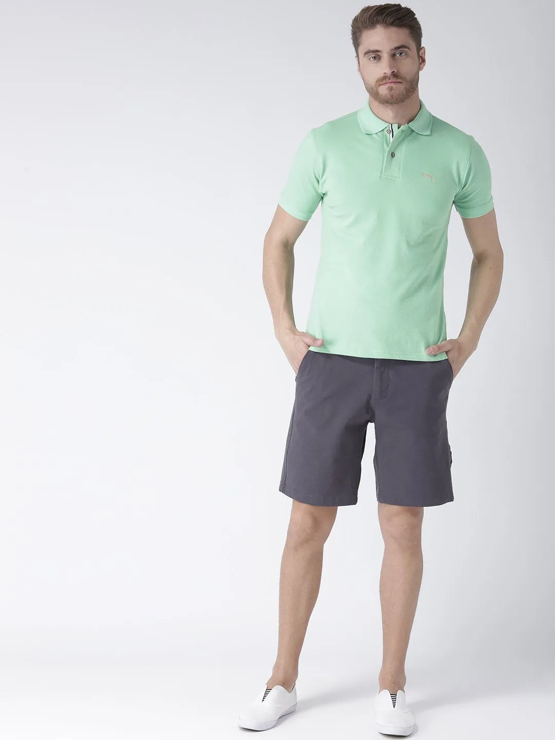 Men Green Solid Polo Collar T-Shirt