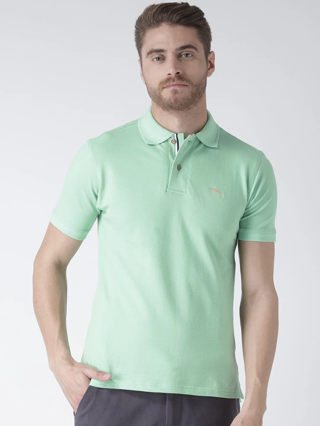 Men Green Solid Polo Collar T-Shirt