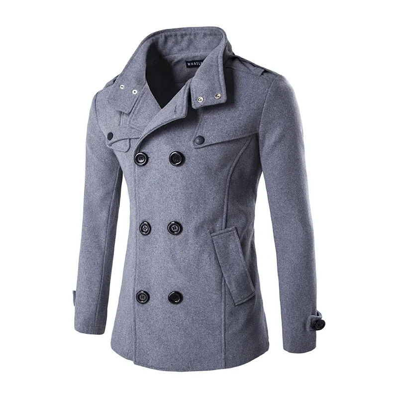 Men's British Style Stand Collar Solid Color Double Breasted Button-Up Pea Coat