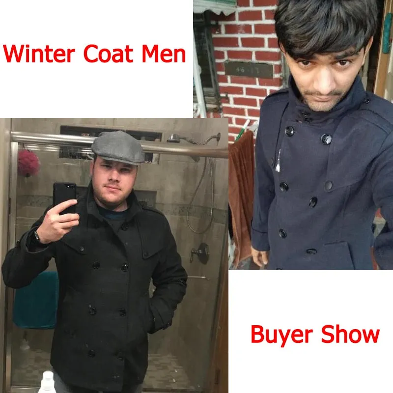 Men's British Style Stand Collar Solid Color Double Breasted Button-Up Pea Coat