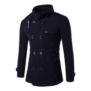 Men's British Style Stand Collar Solid Color Double Breasted Button-Up Pea Coat