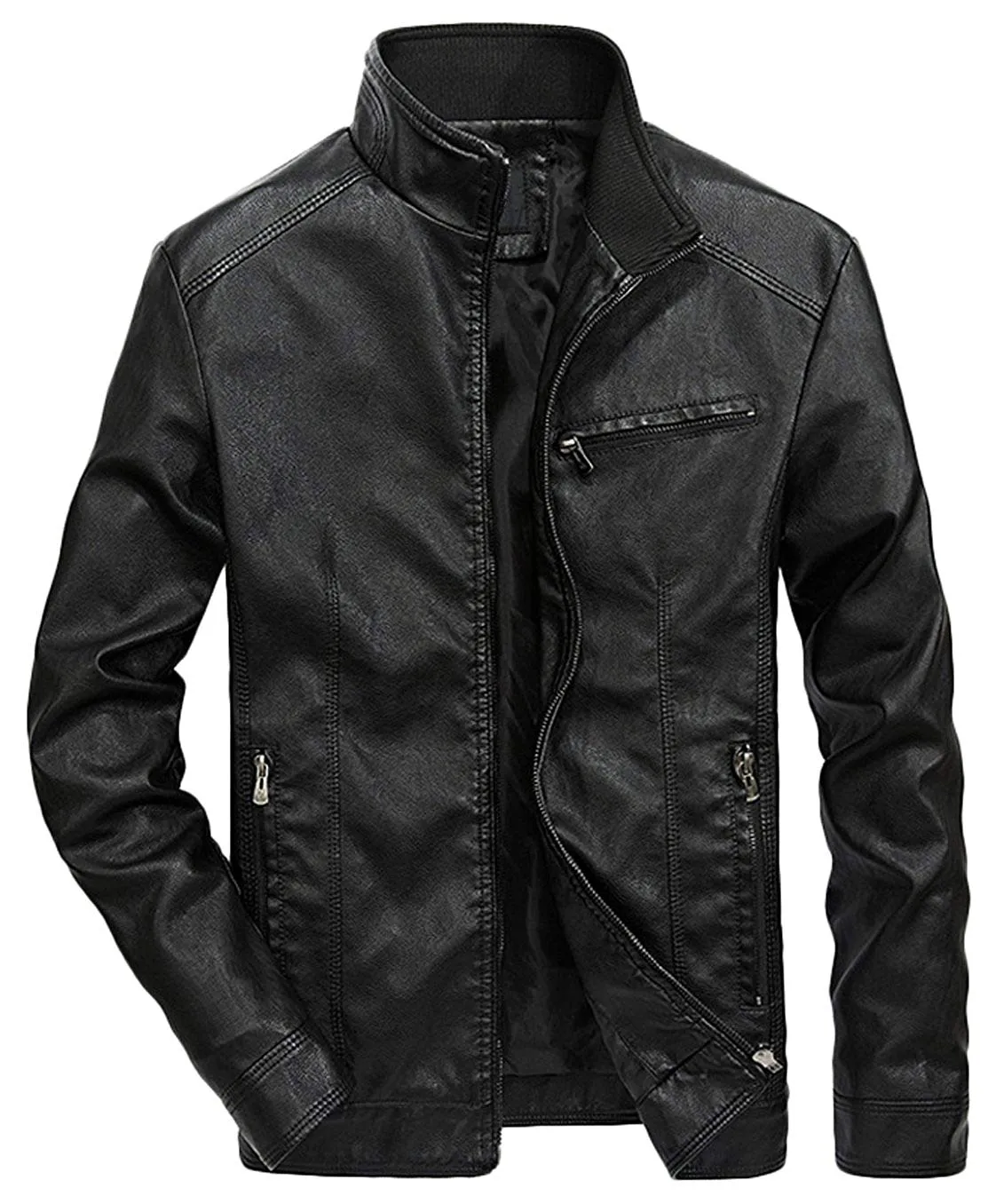 Men's Casual Full-Zip Retro Fitted PU Faux Leather Jacket