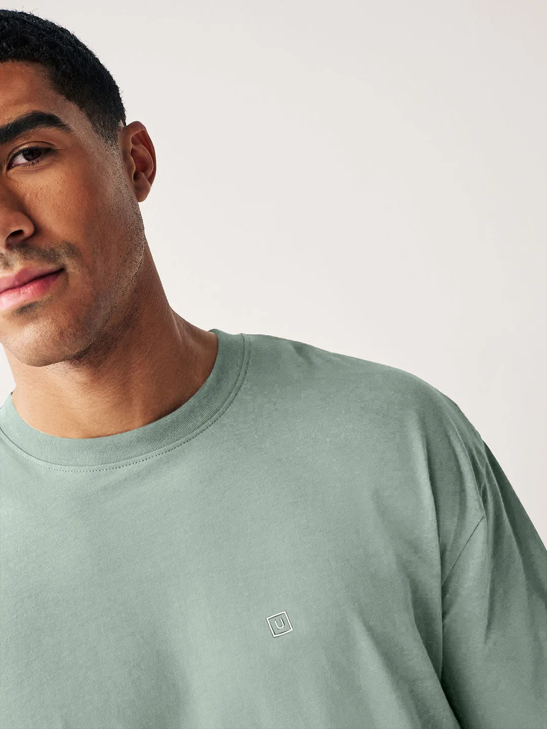 Men's Granite Green Solid Round Neck Oversized Half Sleeve Cotton T-Shirt