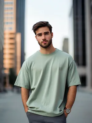 Men's Granite Green Solid Round Neck Oversized Half Sleeve Cotton T-Shirt