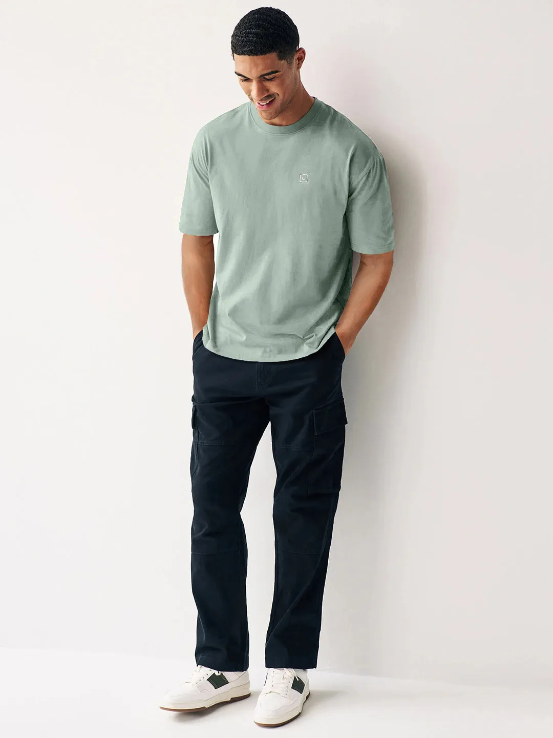 Men's Granite Green Solid Round Neck Oversized Half Sleeve Cotton T-Shirt