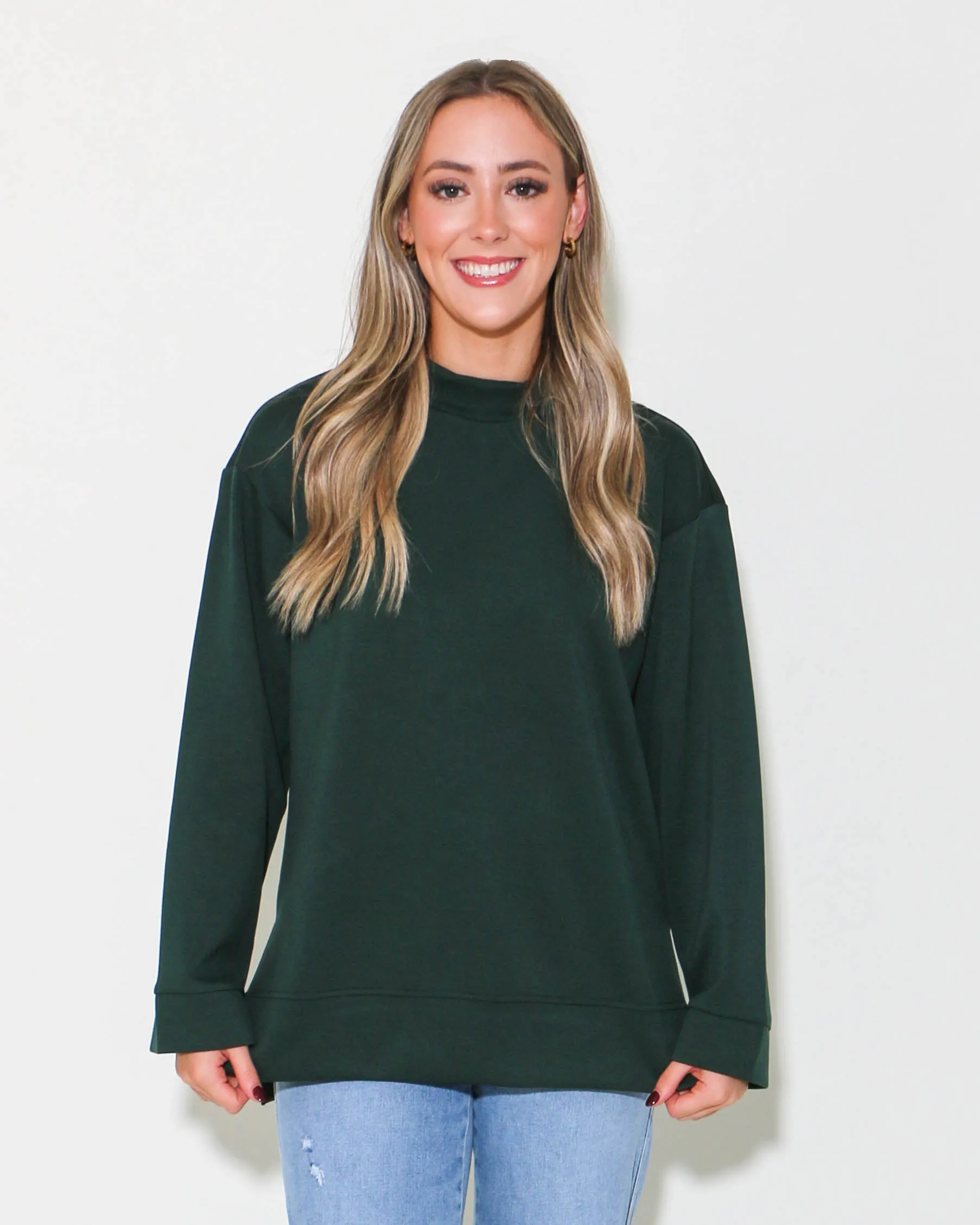 Mock Neck Sweatshirt Top in Hunter Green