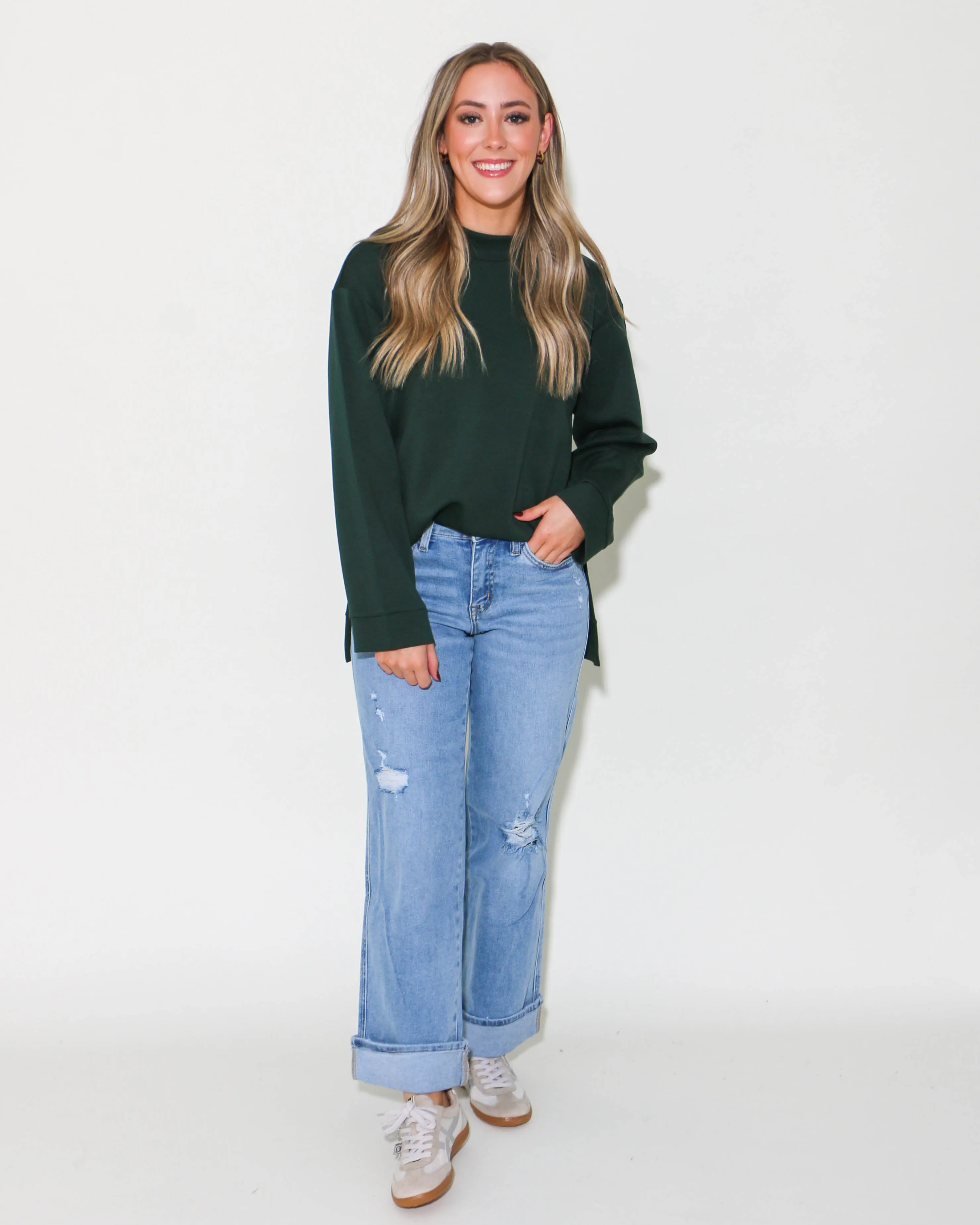 Mock Neck Sweatshirt Top in Hunter Green