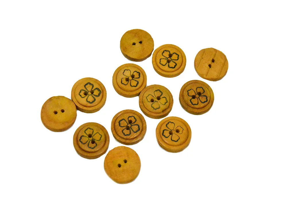 Mustard Fancy Flowers Printed 2 Hole Wooden Buttons - 32L