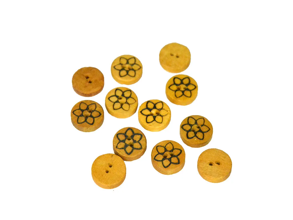 Mustard Floral Printed 2 Hole Wooden Buttons - 24L