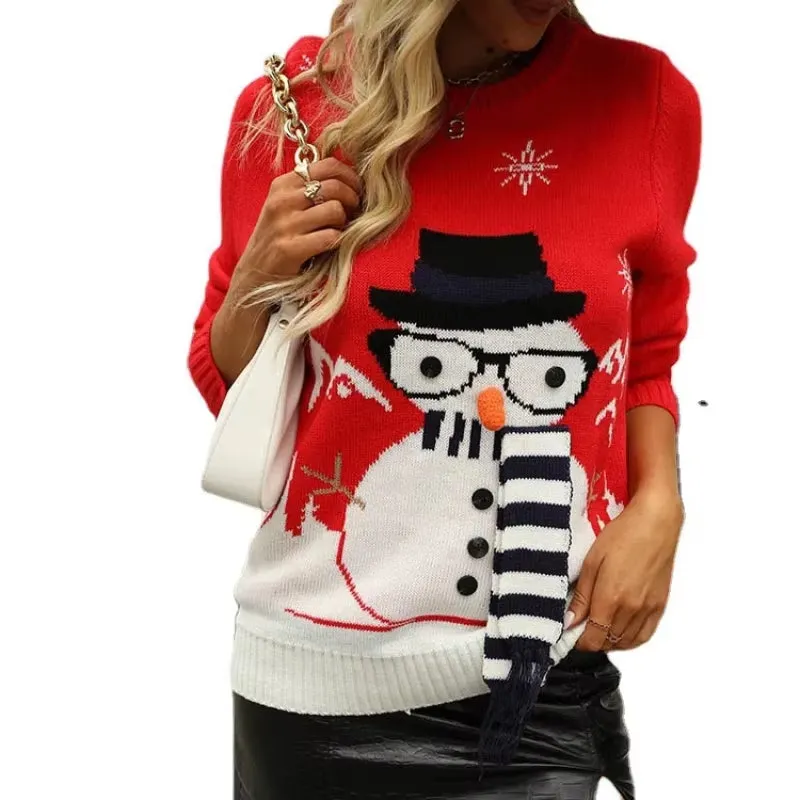 New Autumn Winter Pullover Sweaters Women Cute Snowman Ugly Christmas Sweater Red Christmas Sweater Lady Pullover Knitwear