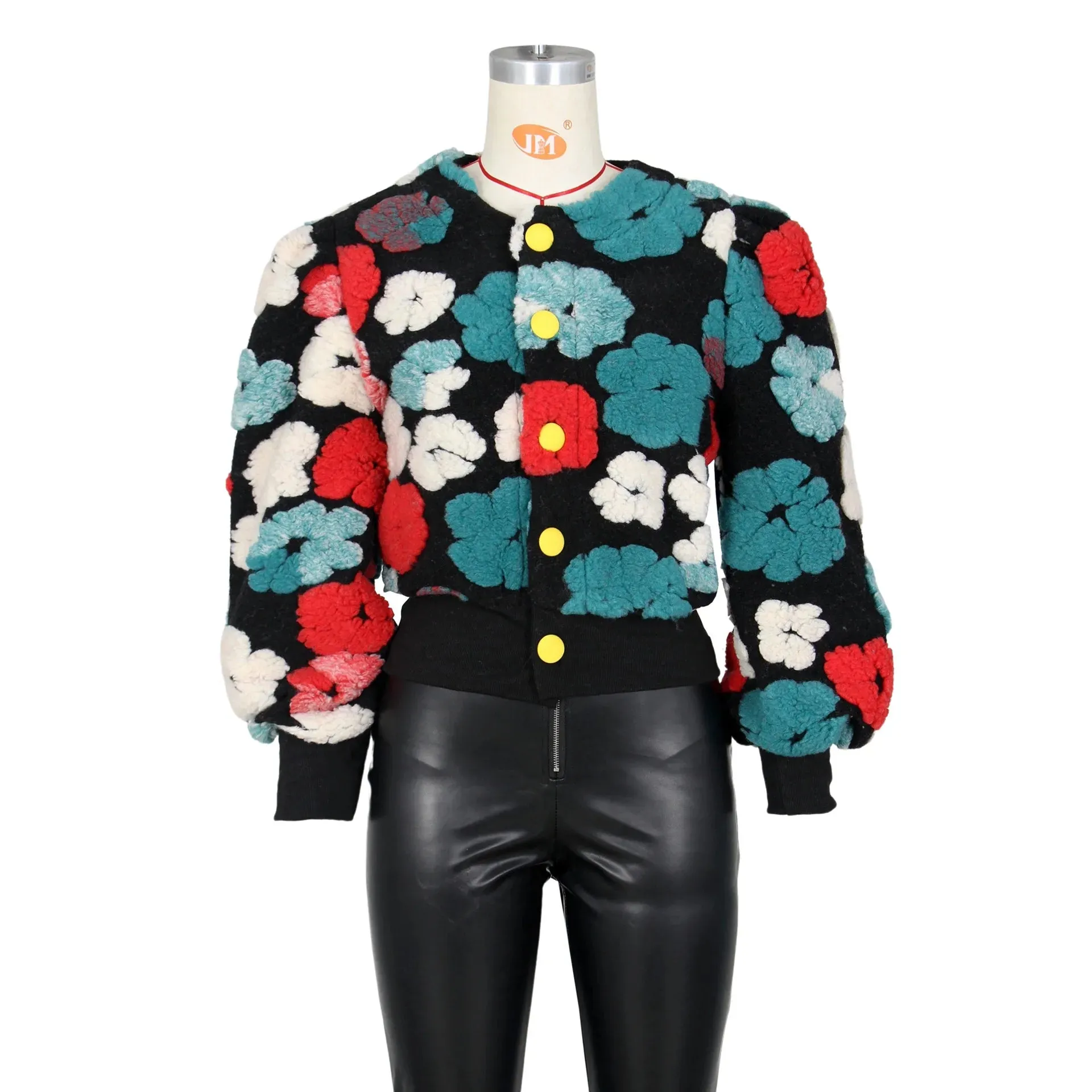 O Neck Loose Single Breasted Long Sleeve Retro 3D Flowers Short Jacket