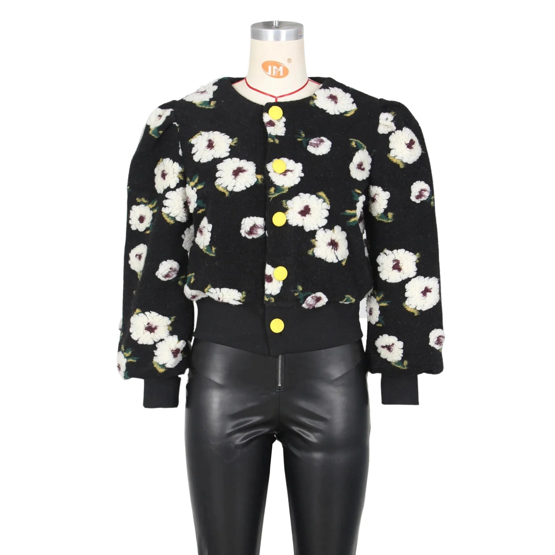 O Neck Loose Single Breasted Long Sleeve Retro 3D Flowers Short Jacket