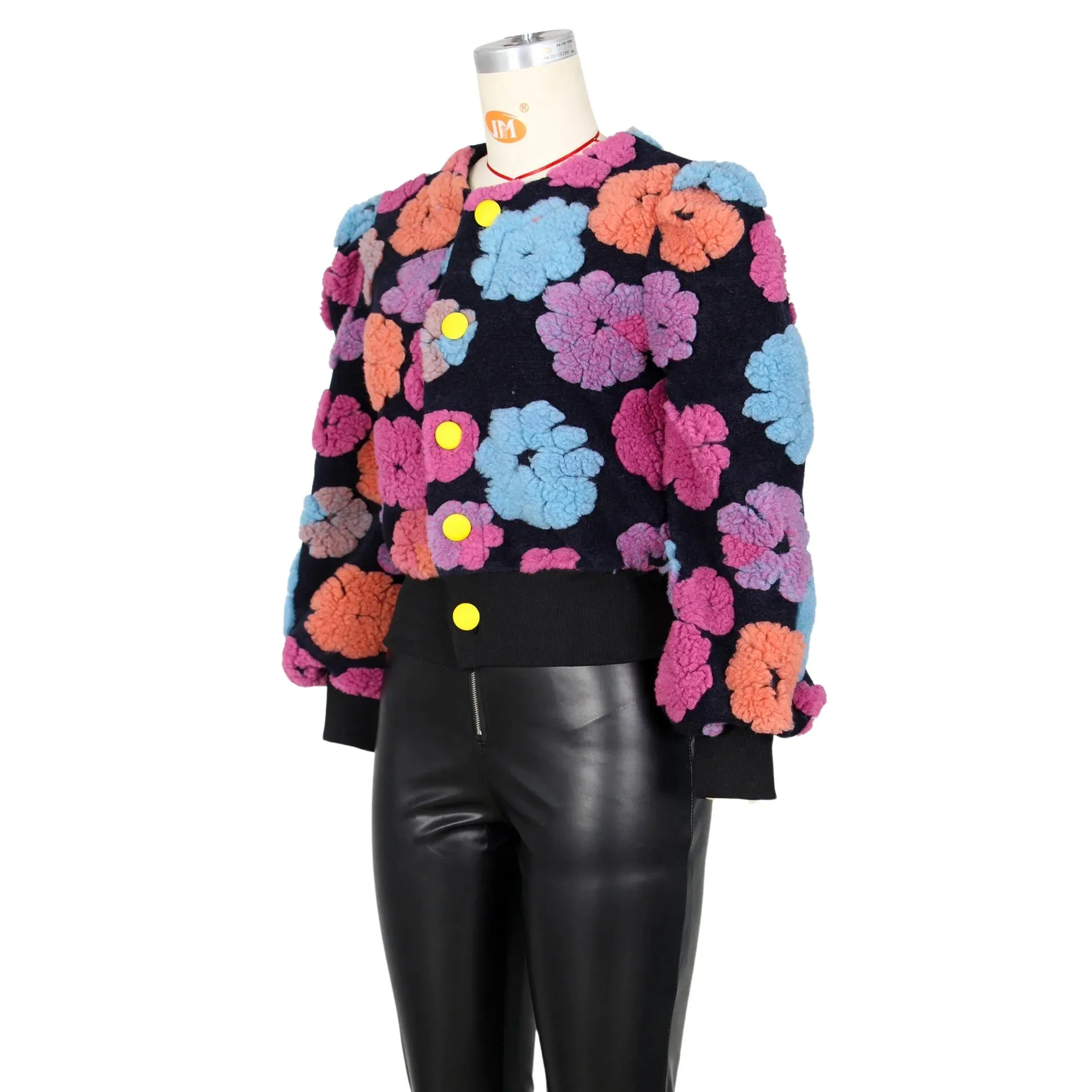 O Neck Loose Single Breasted Long Sleeve Retro 3D Flowers Short Jacket