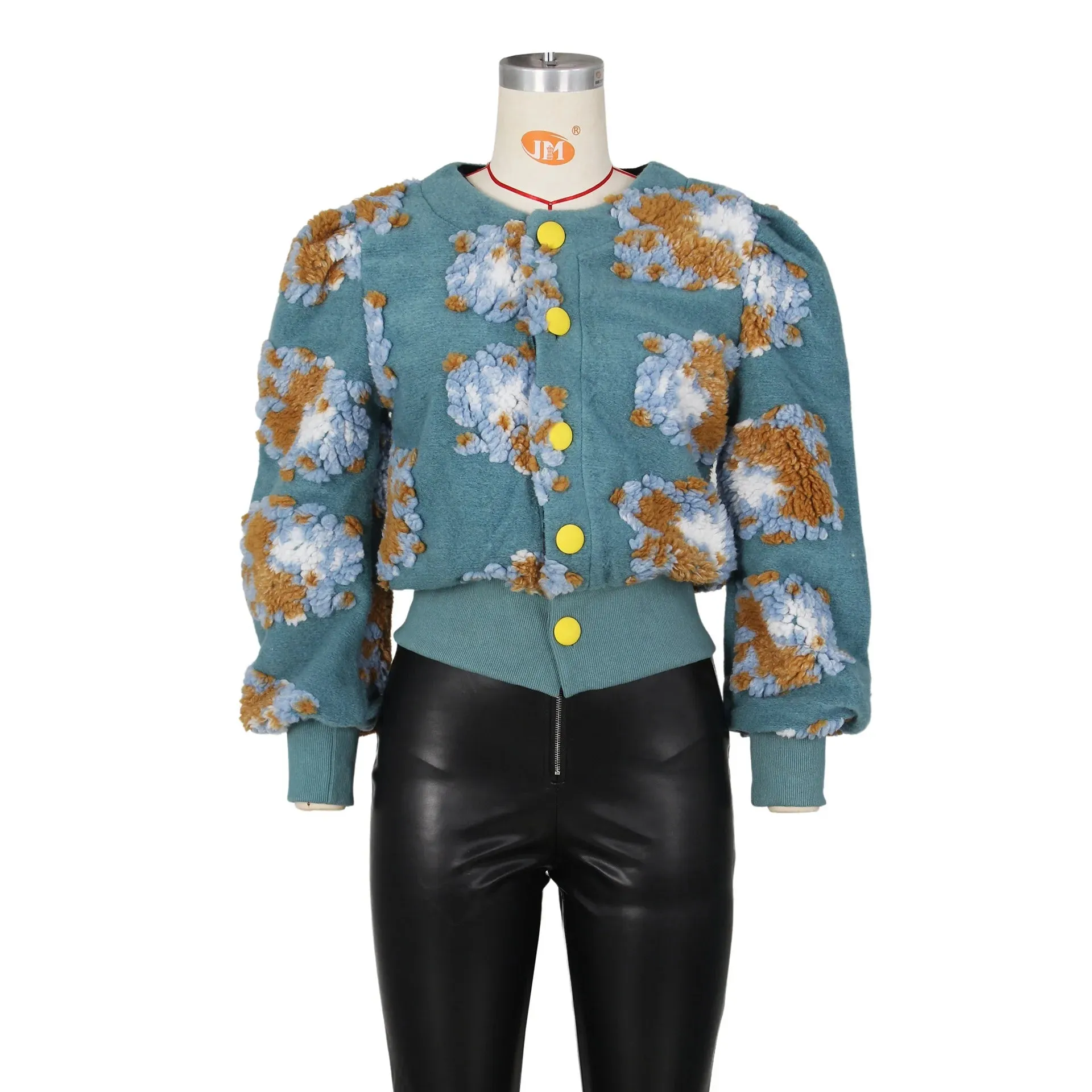 O Neck Loose Single Breasted Long Sleeve Retro 3D Flowers Short Jacket