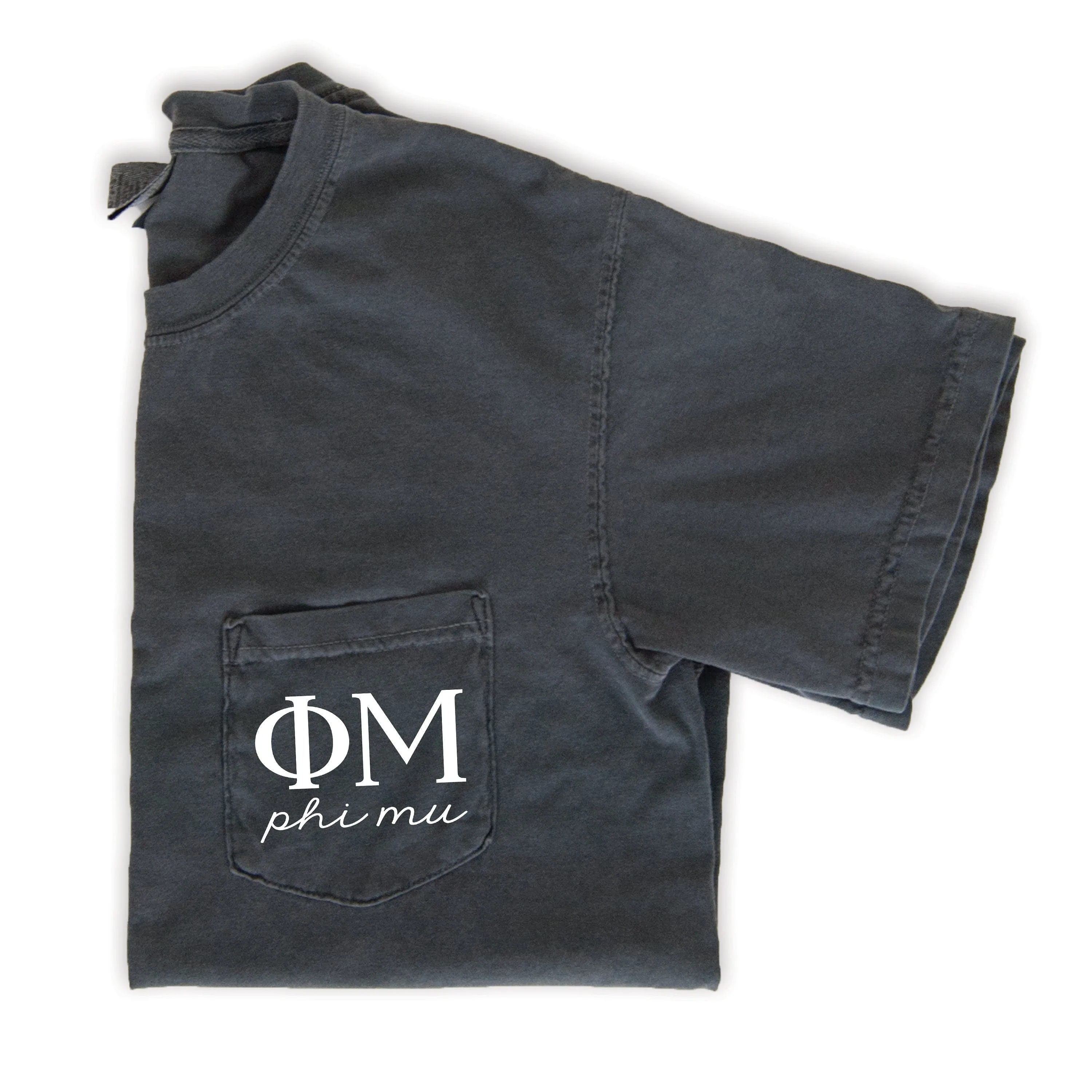 Phi Mu Script Letters Pocket T-Shirt - Grey