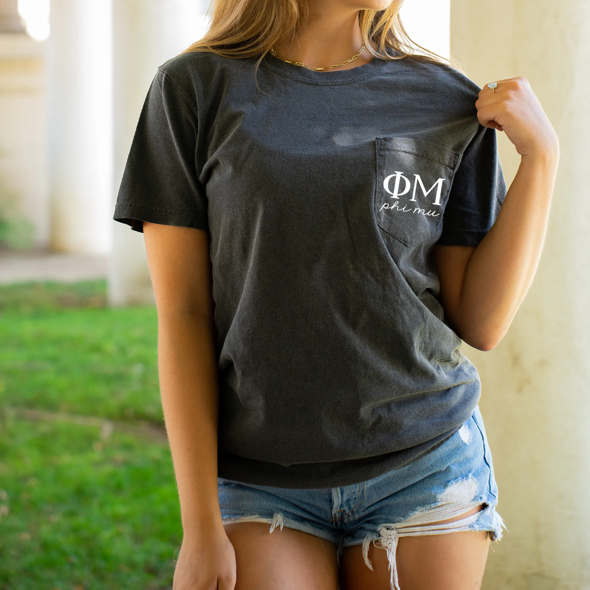 Phi Mu Script Letters Pocket T-Shirt - Grey