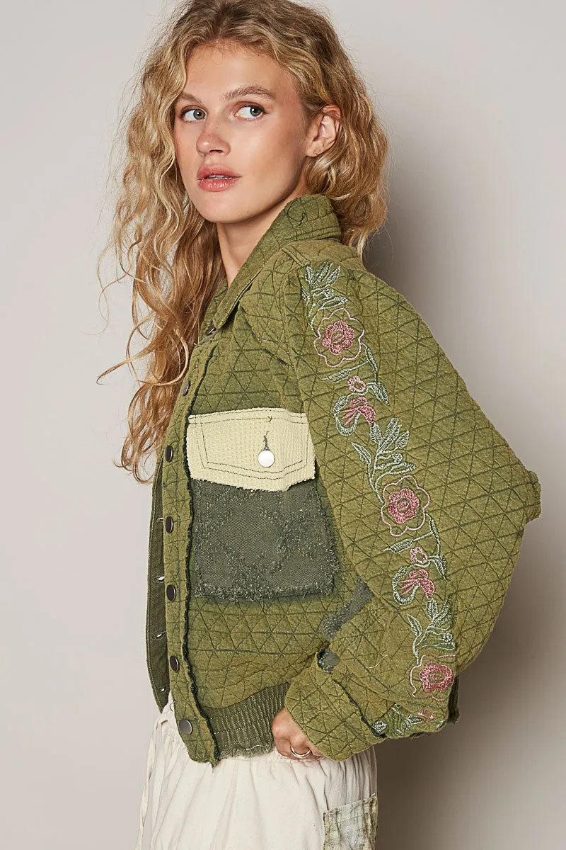 POL Basil Embroidered Sleeve Raw Edge Quilted Jacket