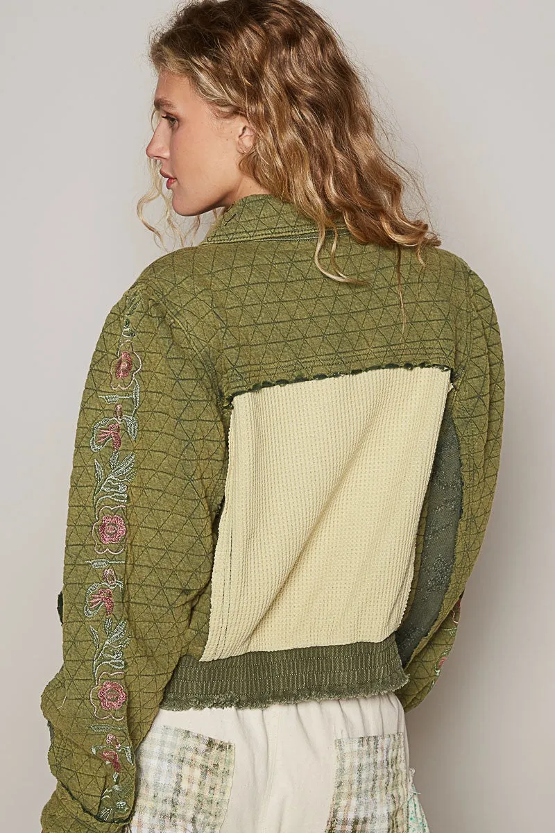 POL Basil Embroidered Sleeve Raw Edge Quilted Jacket