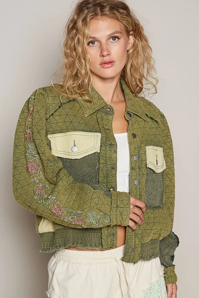 POL Basil Embroidered Sleeve Raw Edge Quilted Jacket