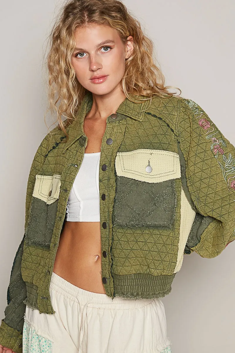 POL Basil Embroidered Sleeve Raw Edge Quilted Jacket