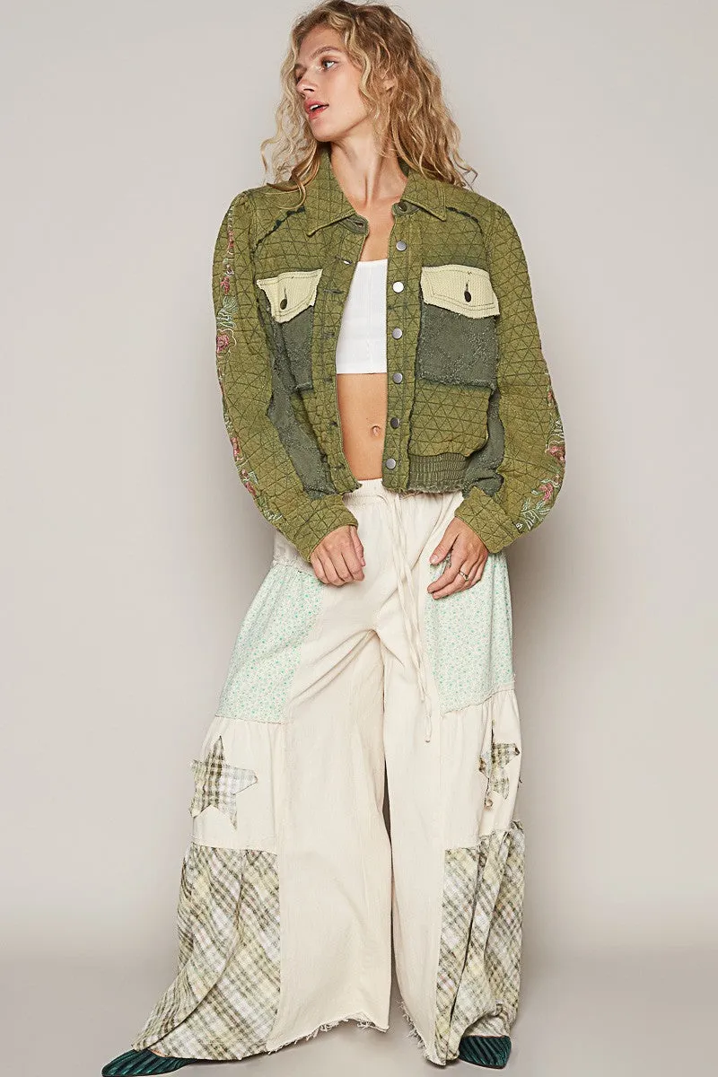 POL Basil Embroidered Sleeve Raw Edge Quilted Jacket