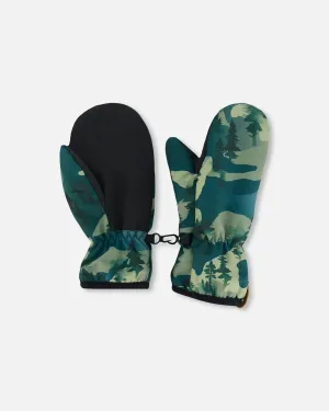 Printed Mid-Season Mittens Forest Green With Black Pines