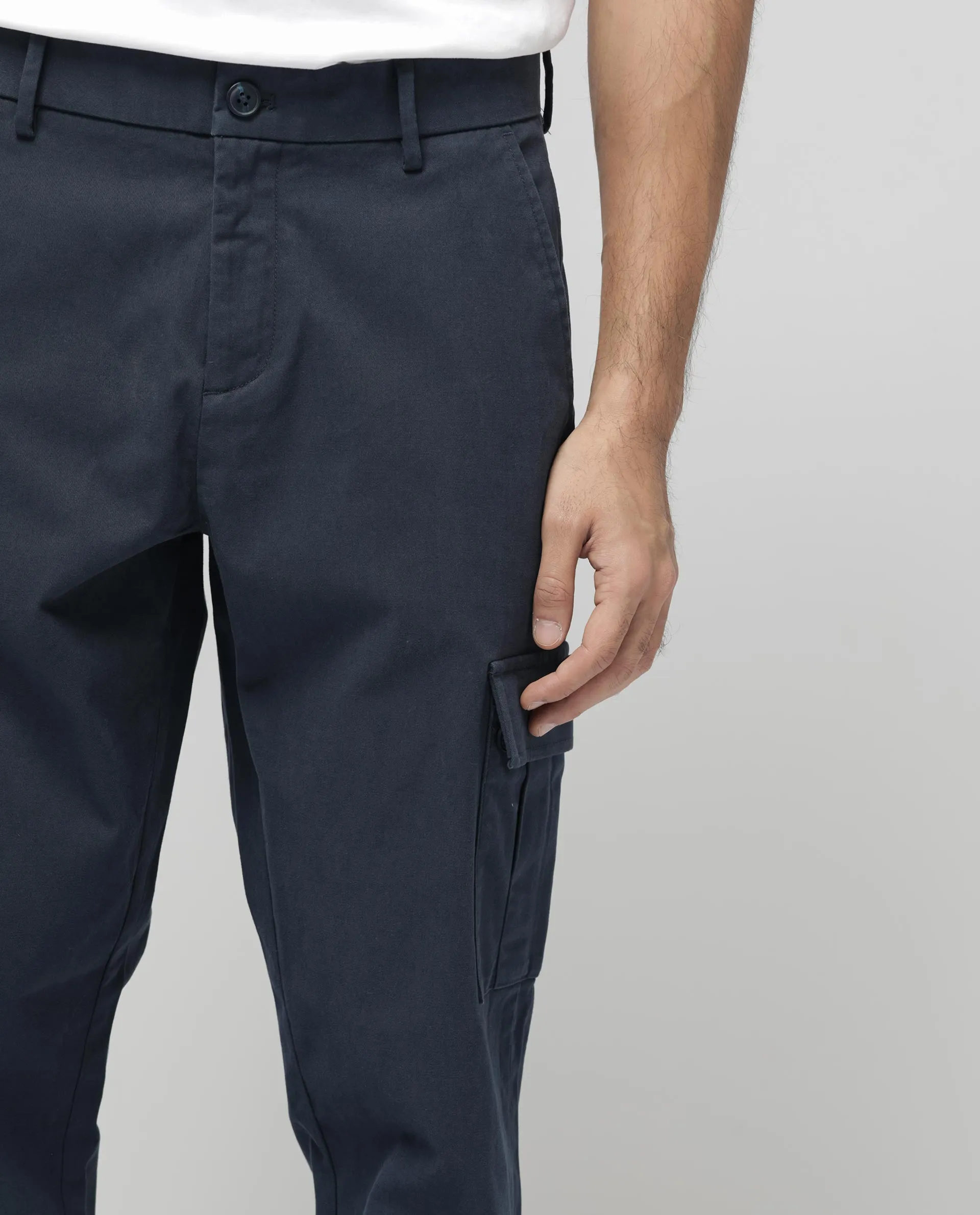 Rare Rabbit Mens Apex Navy Cotton Linen Solid Cargo Style Regular Fit Trouser