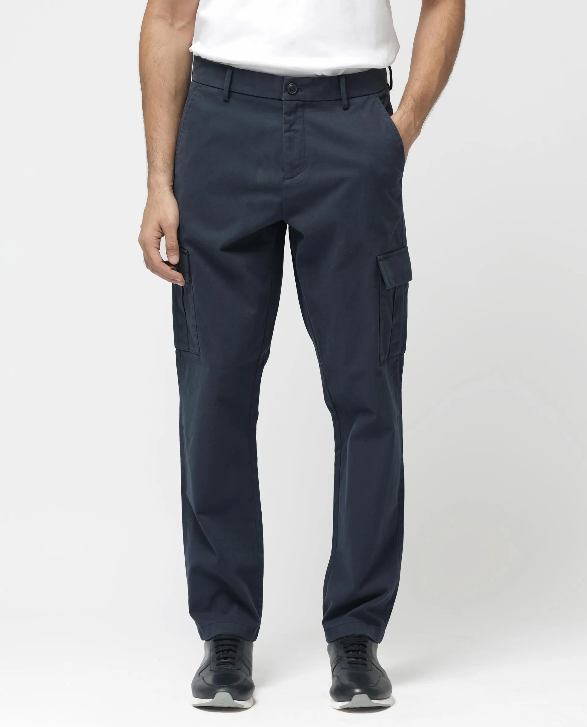 Rare Rabbit Mens Apex Navy Cotton Linen Solid Cargo Style Regular Fit Trouser