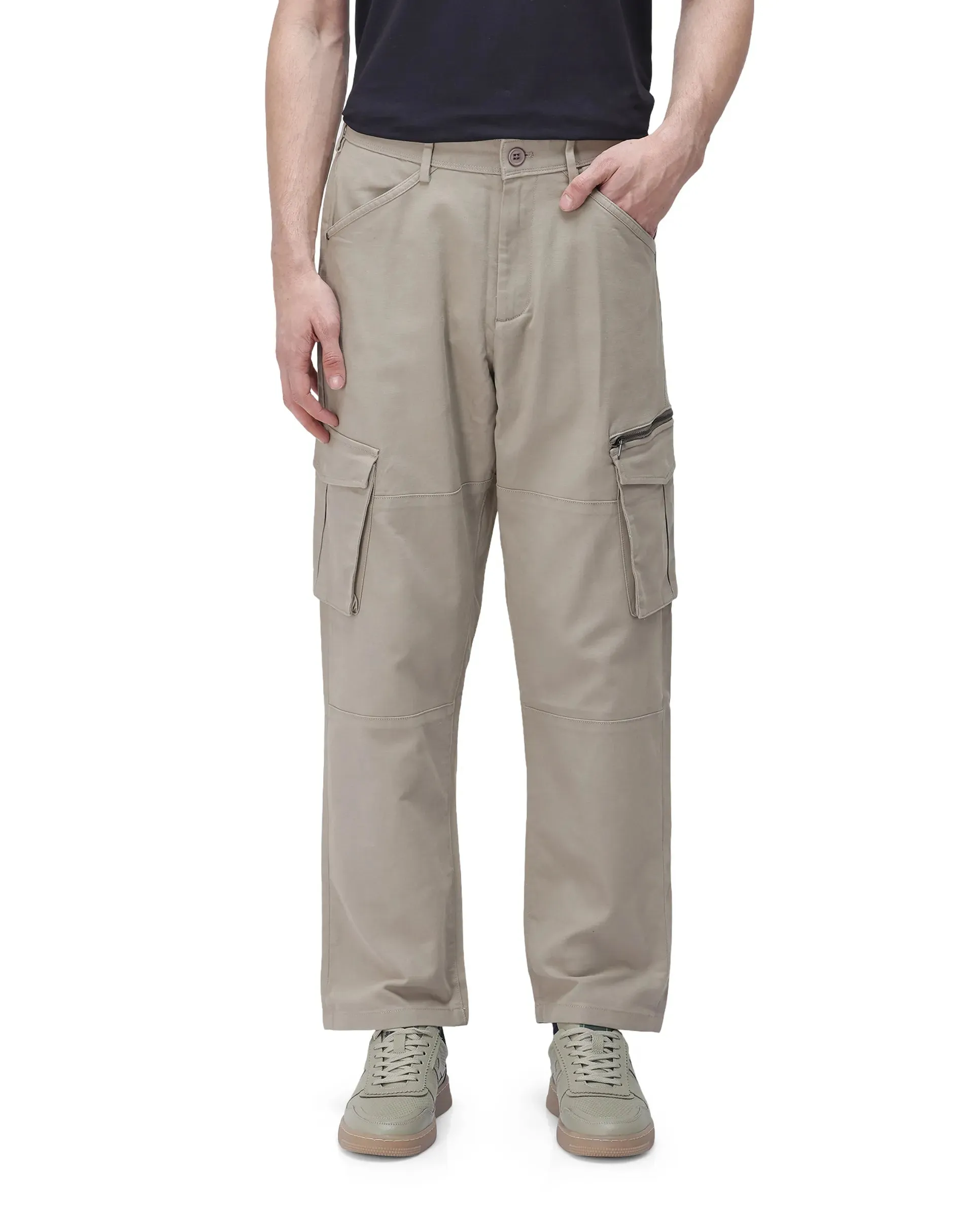 Rare Rabbit Men's Dima Light Olive Cotton Elastane Fabric Button And Zip Closure Cargo Trouser