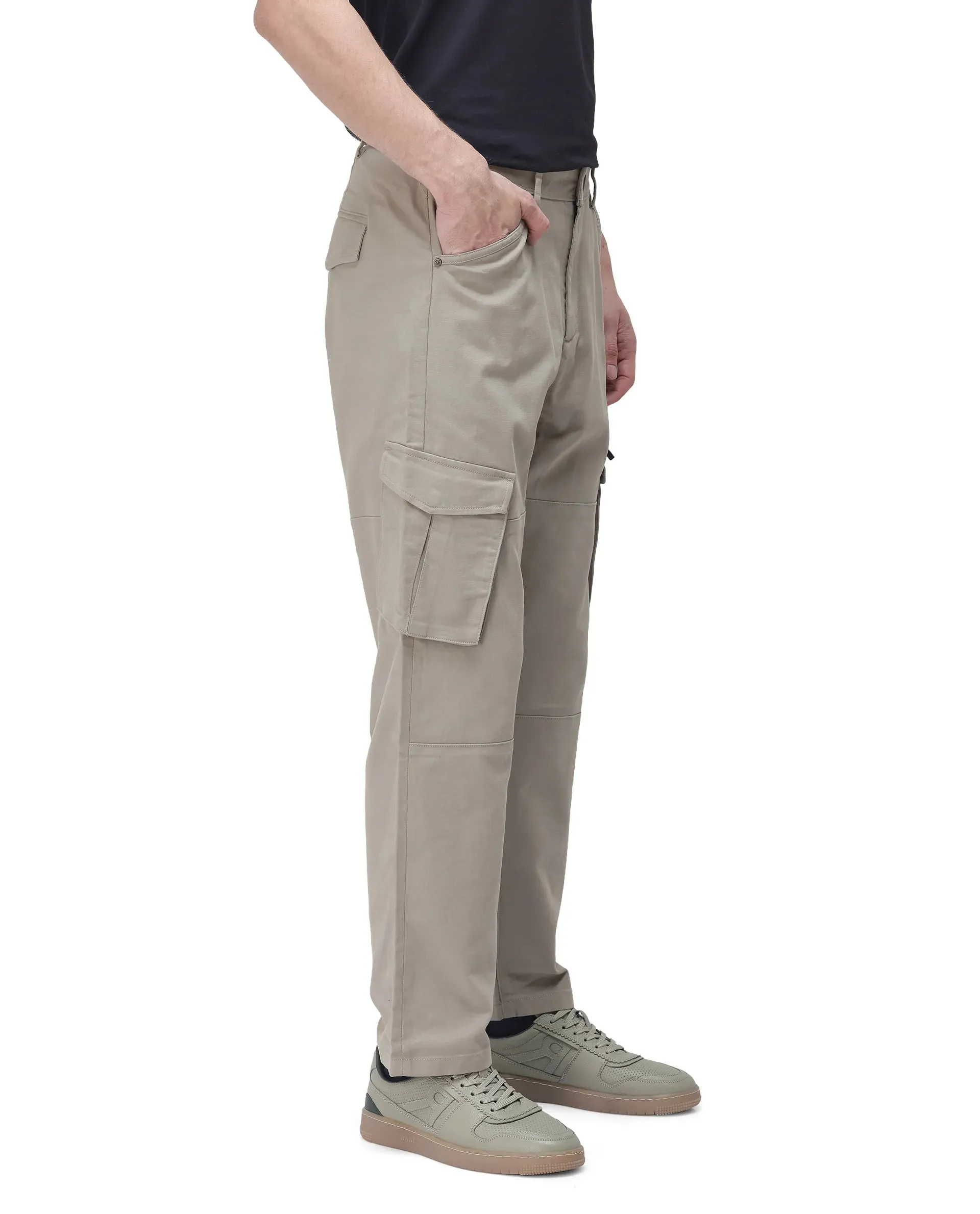 Rare Rabbit Men's Dima Light Olive Cotton Elastane Fabric Button And Zip Closure Cargo Trouser