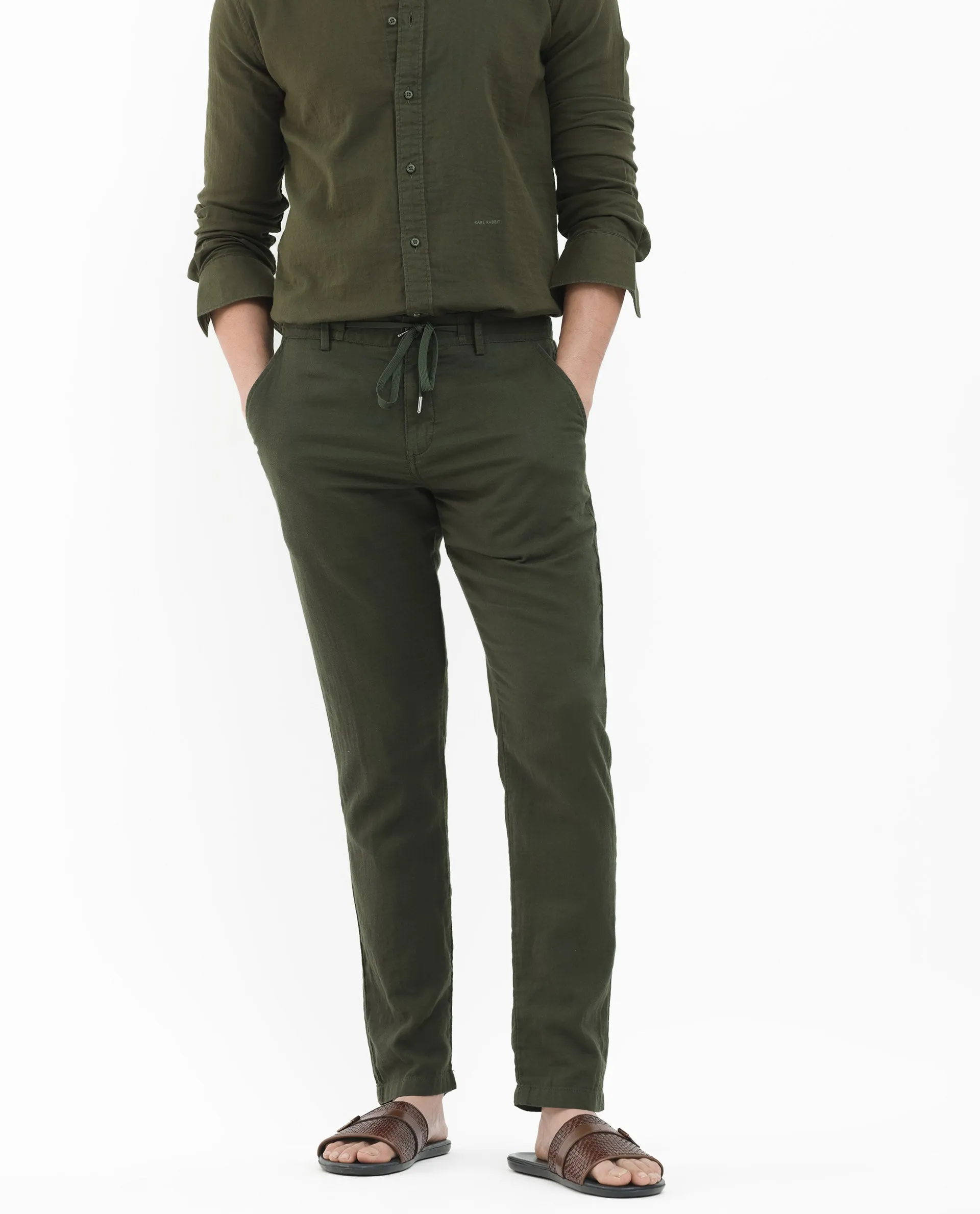 Rare Rabbit Men's Pastor-2 Olive Solid Mid-Rise With Drawstring And Elastic Waistband Regular Fit Trousers