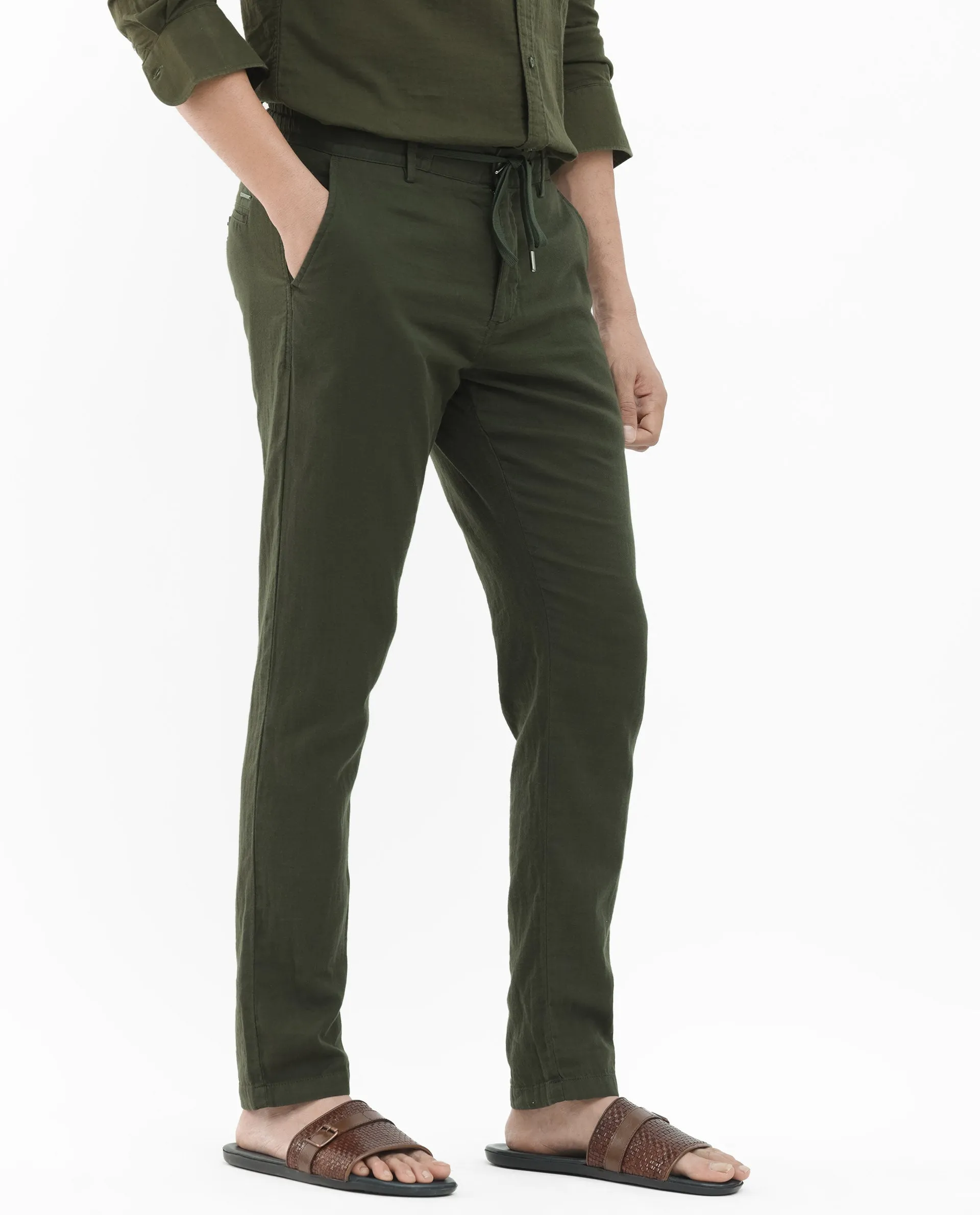 Rare Rabbit Men's Pastor-2 Olive Solid Mid-Rise With Drawstring And Elastic Waistband Regular Fit Trousers