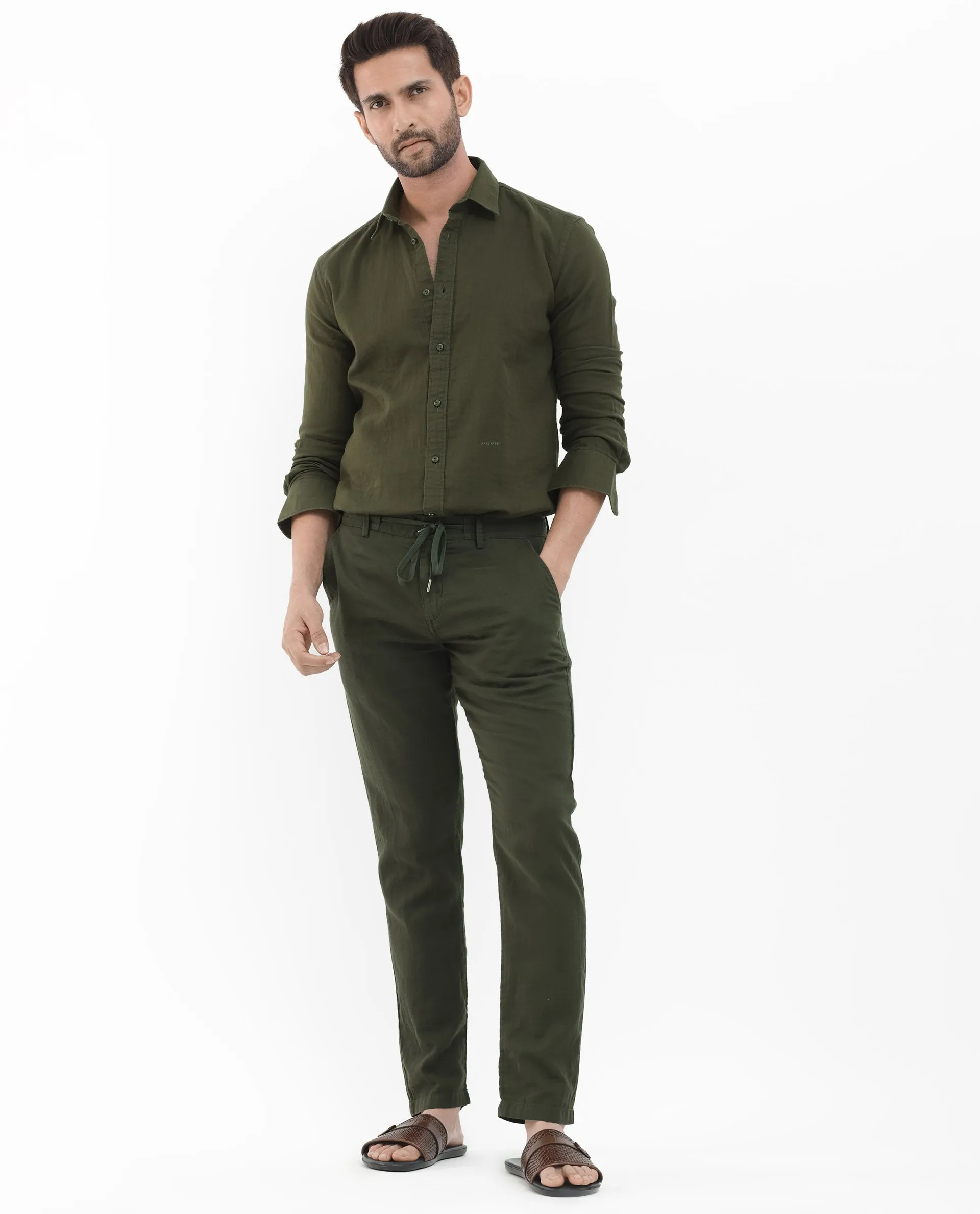 Rare Rabbit Men's Pastor-2 Olive Solid Mid-Rise With Drawstring And Elastic Waistband Regular Fit Trousers