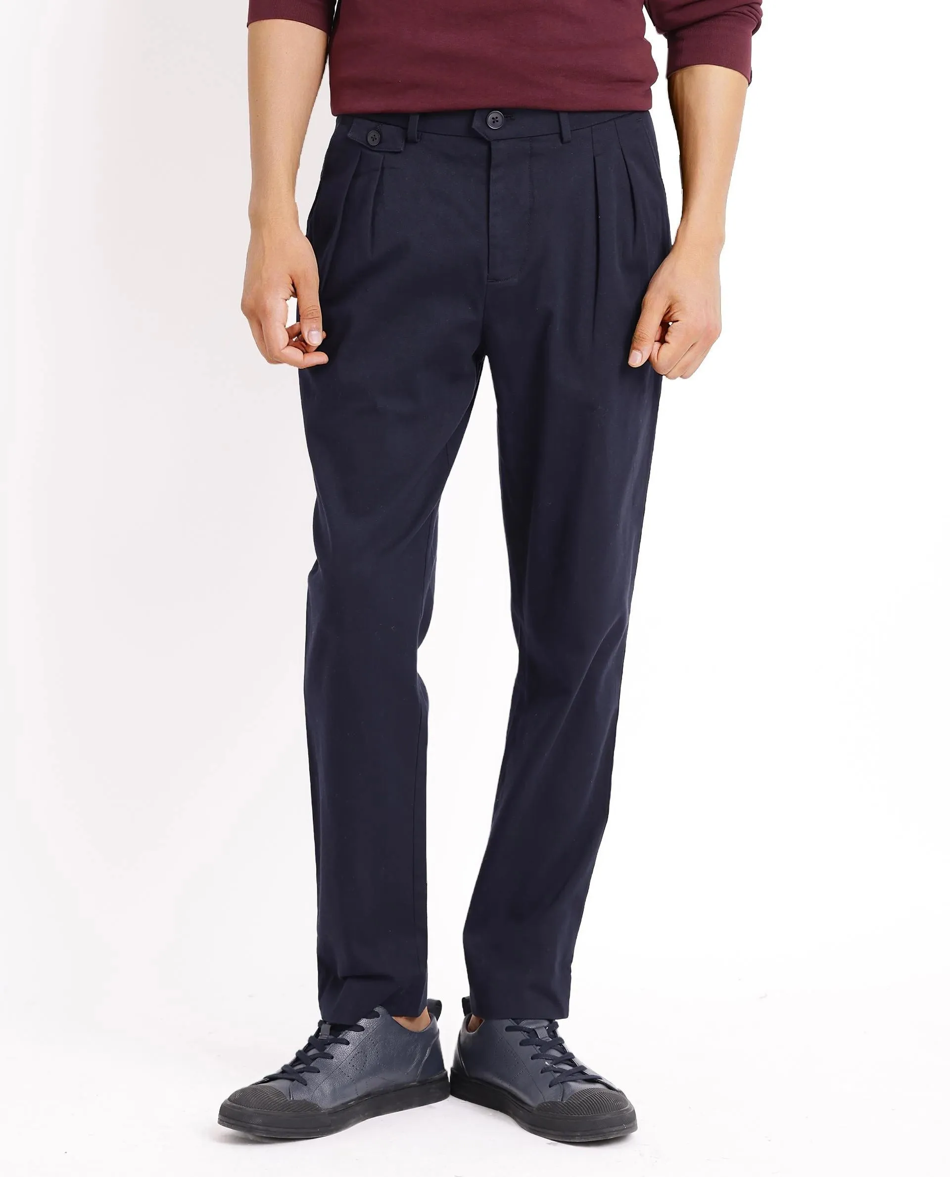 Rare Rabbit Men's Torro Dark Navy Cotton Fabric Solid Regular Fit Relaxed Pleated Trouser