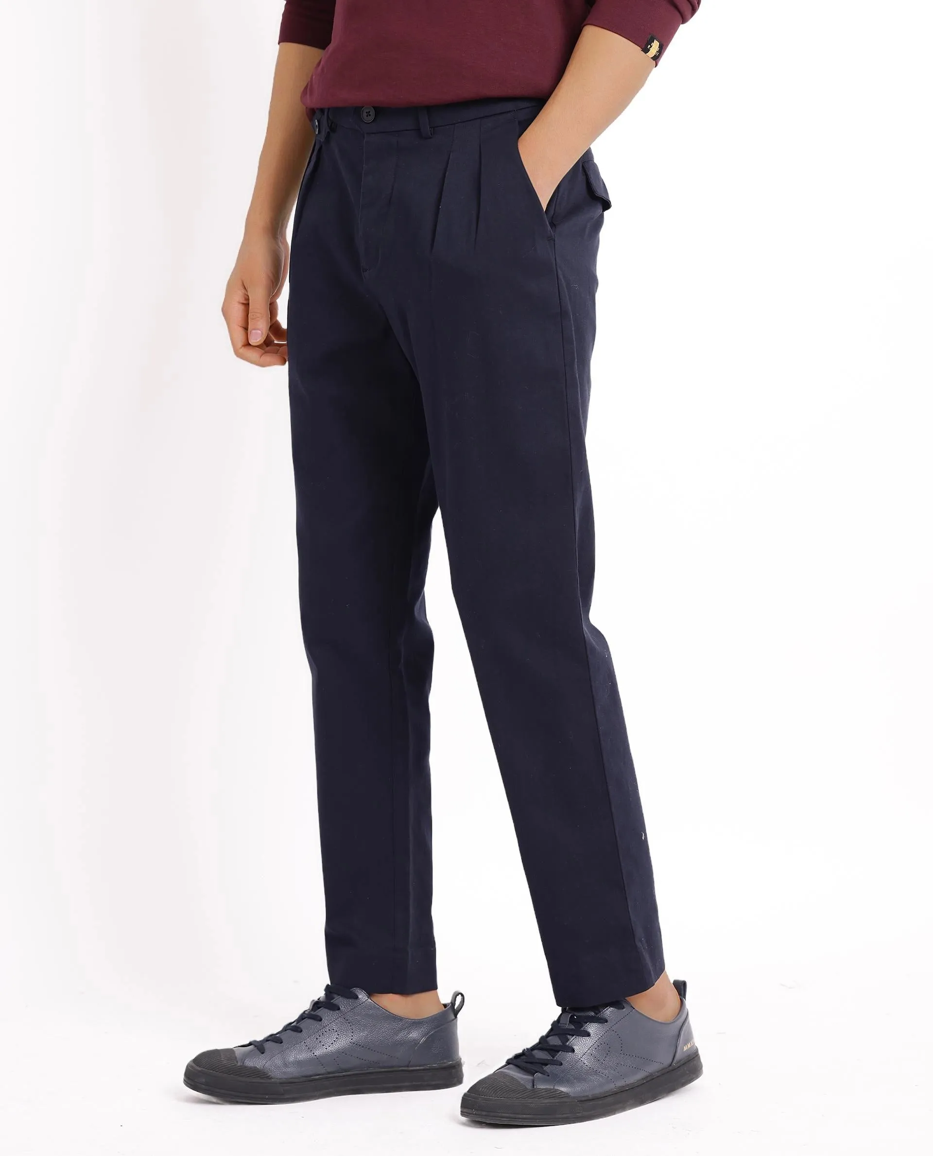 Rare Rabbit Men's Torro Dark Navy Cotton Fabric Solid Regular Fit Relaxed Pleated Trouser