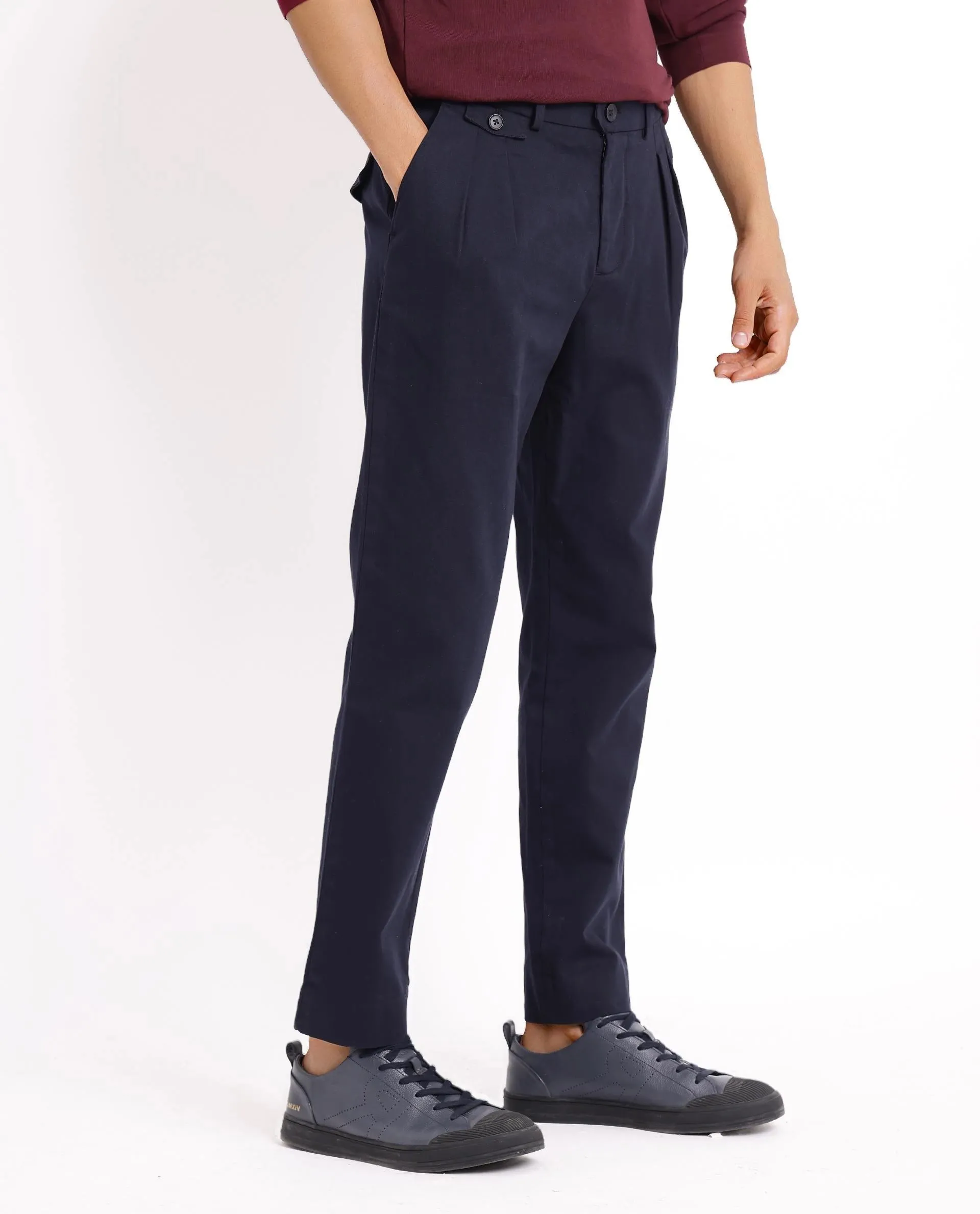 Rare Rabbit Men's Torro Dark Navy Cotton Fabric Solid Regular Fit Relaxed Pleated Trouser