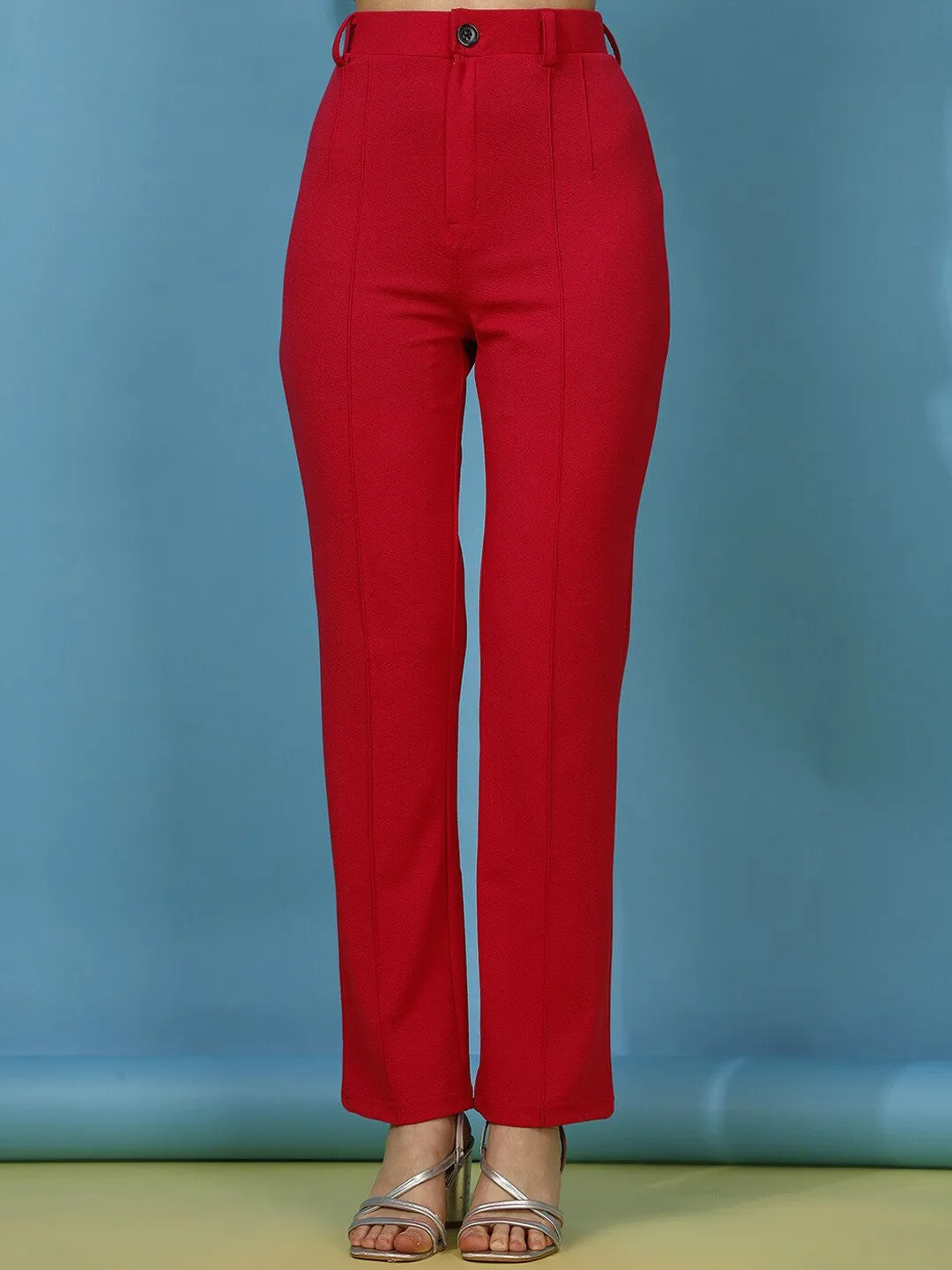 Red Solid Regular Fit Trouser