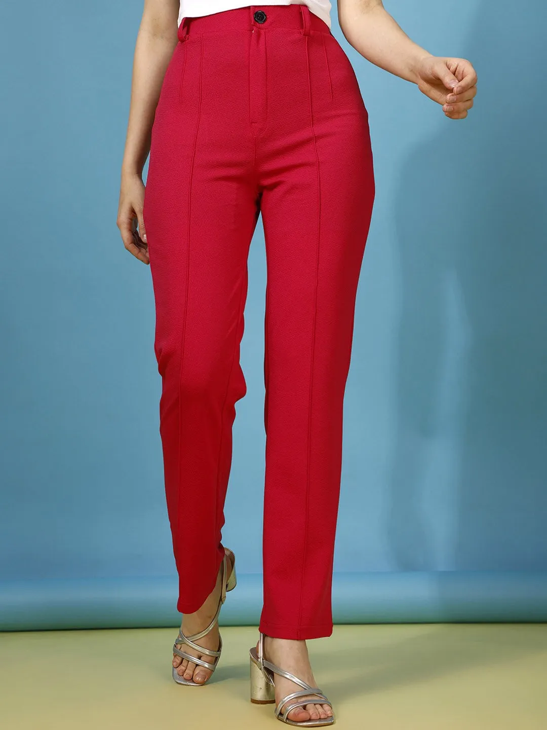 Red Solid Regular Fit Trouser