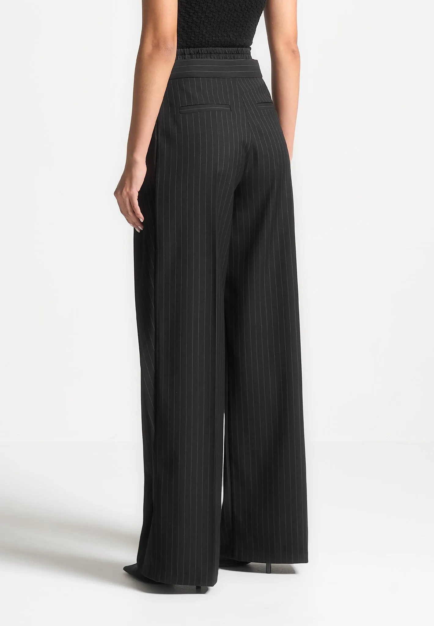 Satin Waistband Pinstripe Trousers - Black