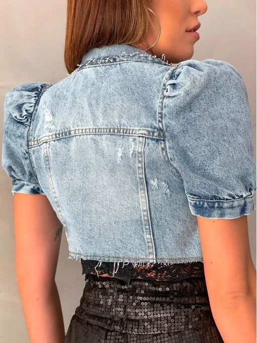 Short Women's Button Bubble Sleeve Cropped Denim Jackets