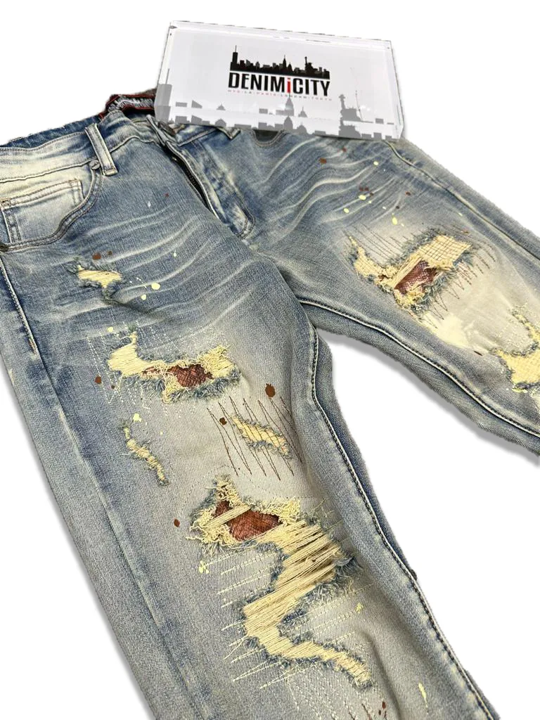 Snaked Patched Jeans - Bleached Vintage