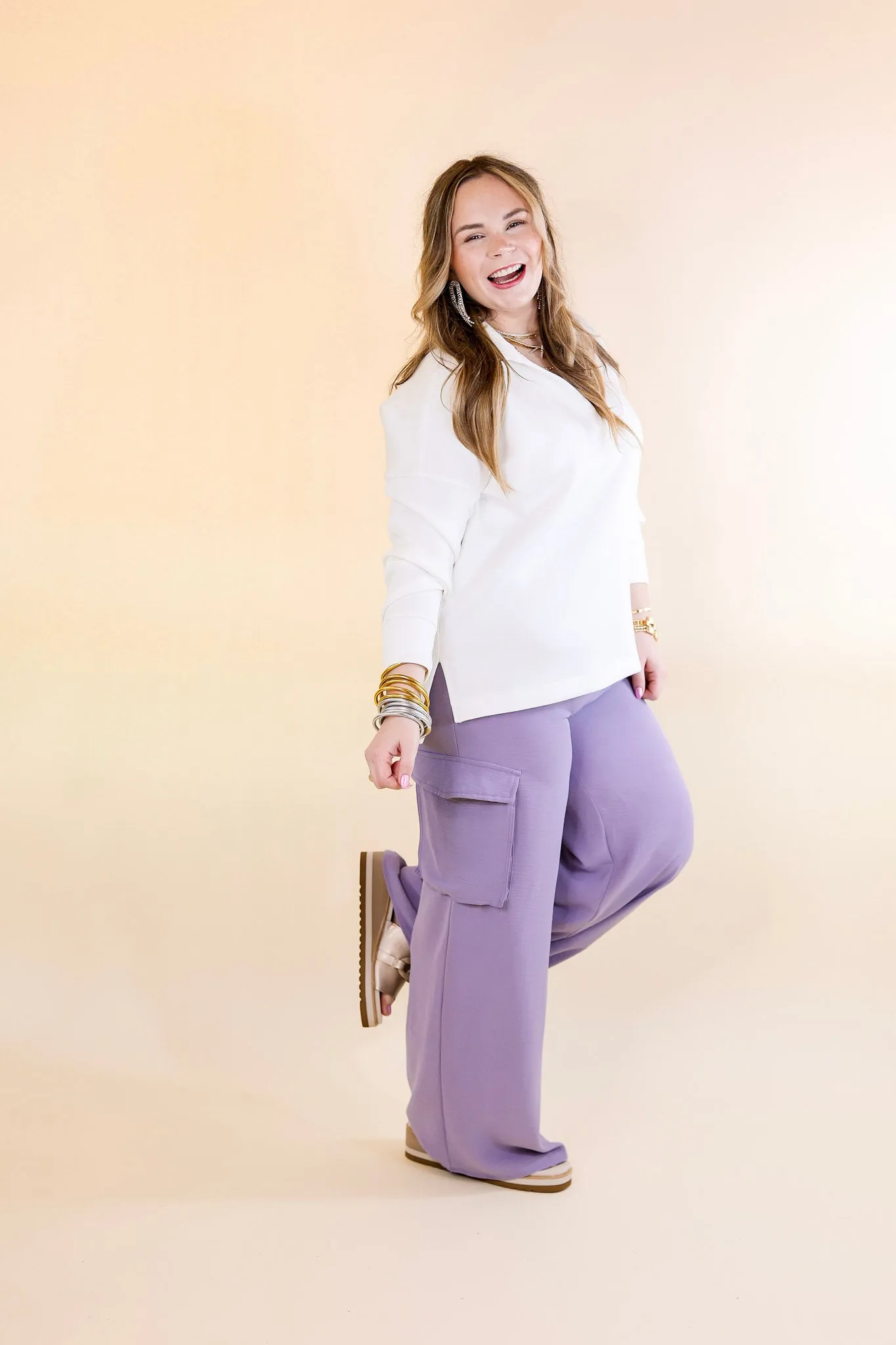 Sunday Stroll Wide Leg Cargo Pant in Lilac Purple