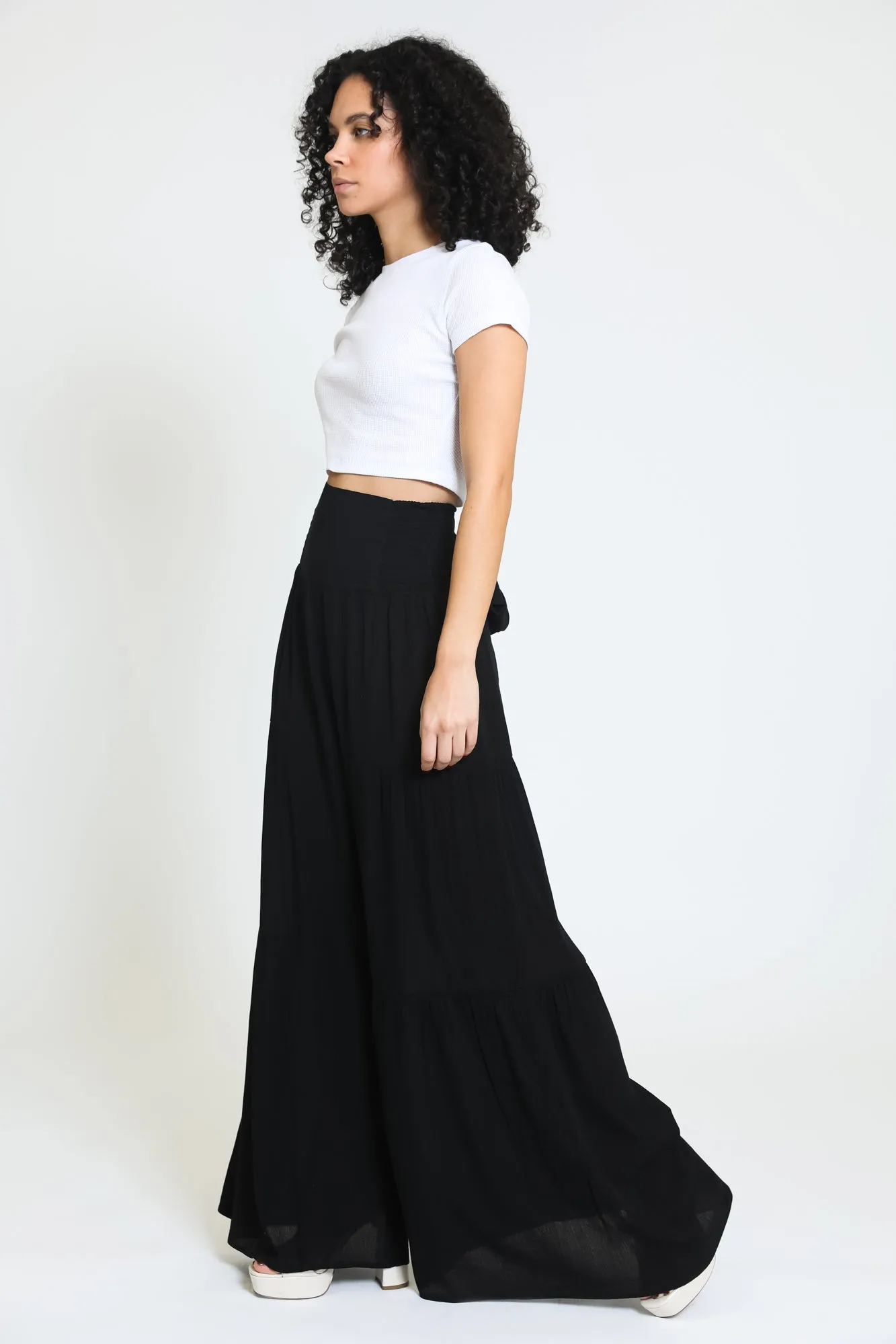 TIE WAIST TIERED WIDE LEG PANT - BLACK