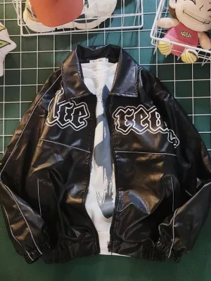 Unisex PU leather jacket strip coat mens loose high street motorcycle leather baseball uniform