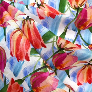 Watercolor Spring Tulips Digital Print Linen Shirting Coral SY