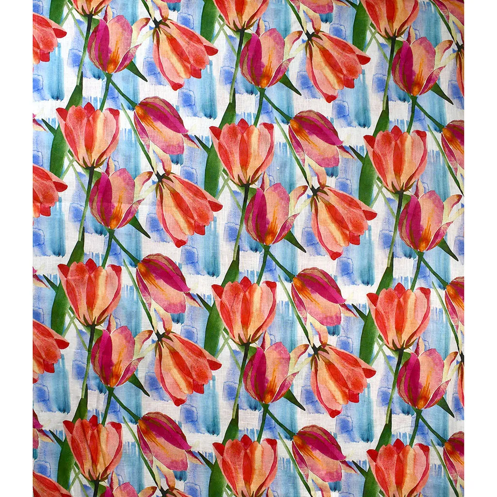 Watercolor Spring Tulips Digital Print Linen Shirting Coral SY